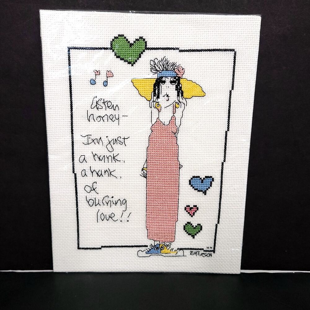 Handmade Completed Cross Stitch Funny Woman Burning Love Hearts Needlework Art